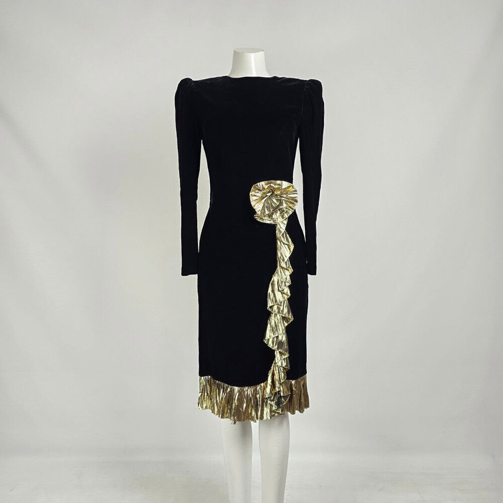 Vintage 80s Maggy London Black Velvet Cocktail Dress Sz 4– Gold Lamé Ruffle